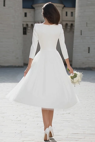 Ivory V-Neck A-Line Midi Engagement Dress With 3/4 Sleeves